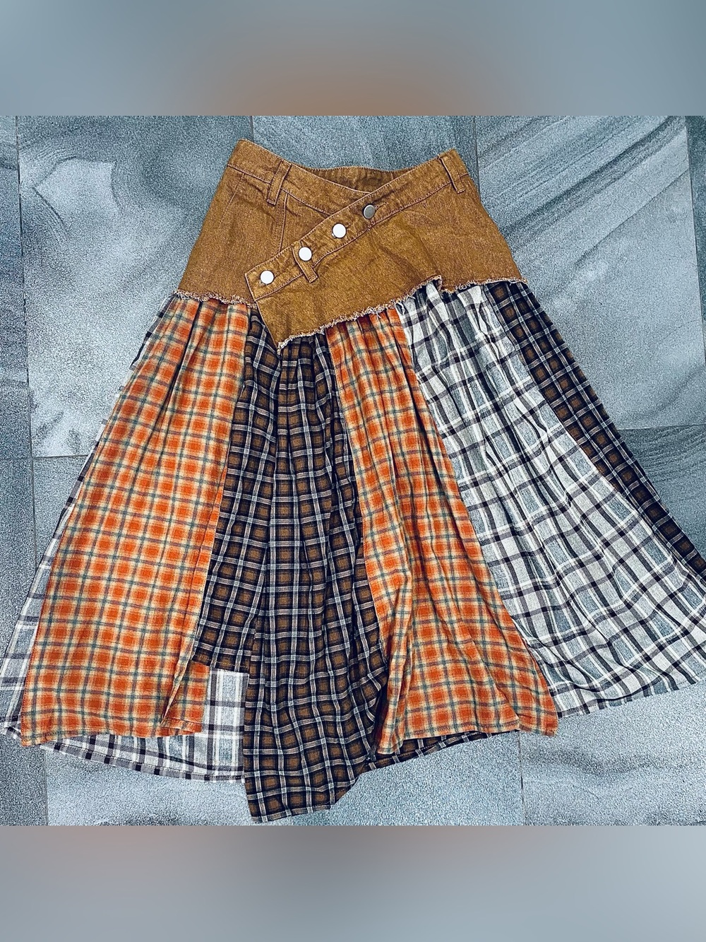 SOLD Denim and Patchwork Plaid Midi Skirt in Rust and Brown Asymmetric